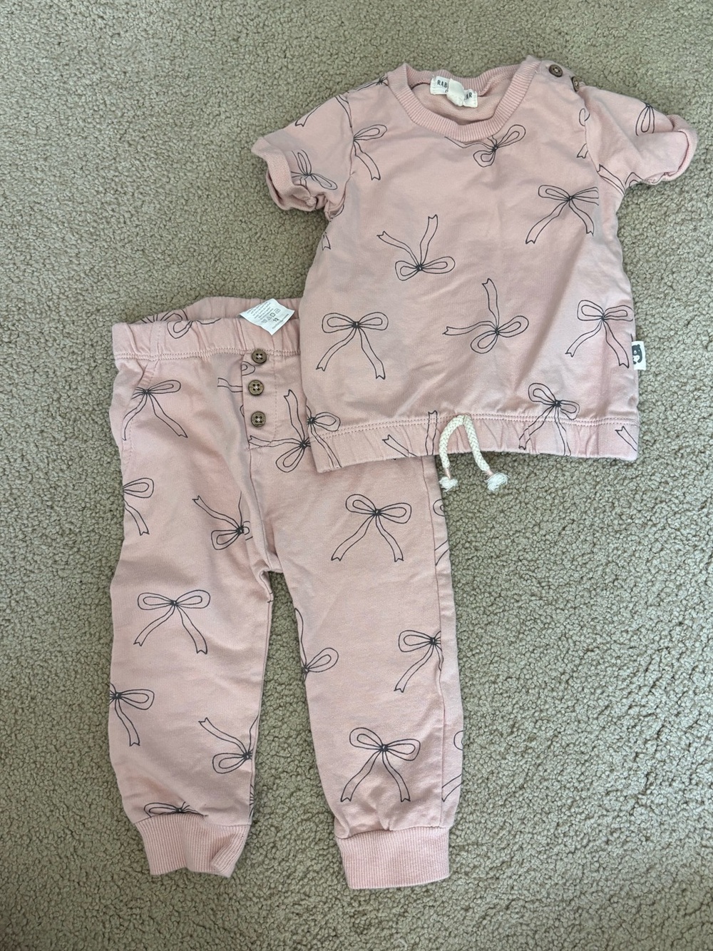 Rabbit Bear Pink Bow Print Outfit Set- 12 Months